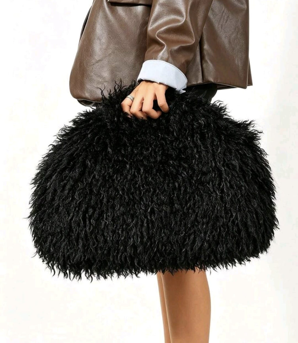 Large Black Faux Fur Clutch Bag